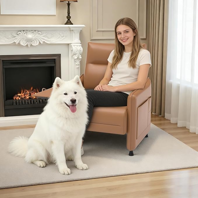 PU Leather Accent Chair Set Mid-Century Modern Living Room Armchair Sofa Descending Armrest Flip-Up Table Storage Pouch Rubber Feet for Living RoomOffice