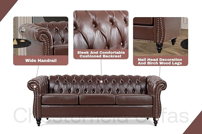 Brown Faux Leather Couch for Living Room Comfy Deep-Seated Chesterfield 3-Seater Sofa for Bedroom Office or Apartment. Luxury Classic Sofa Furniture Tool-Free Assembly.