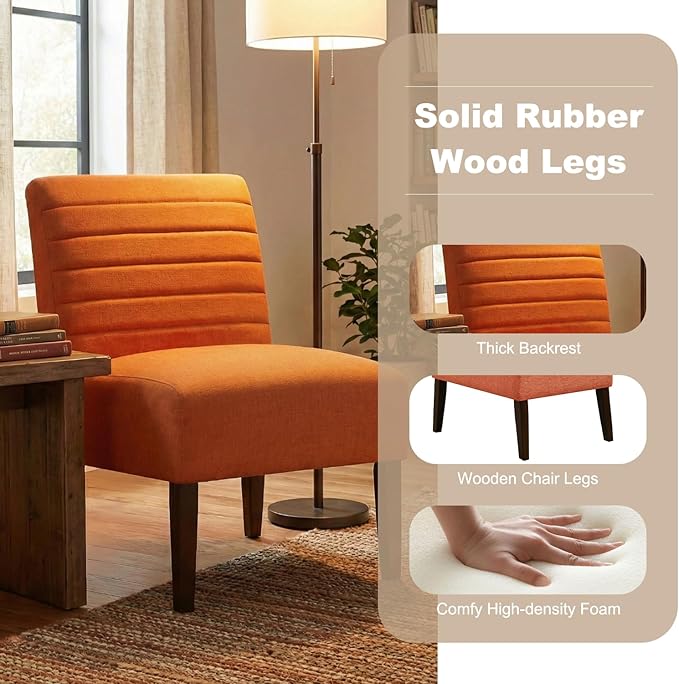 Armless Accent Chair Mid Century Modern Upholstered Living Room Chairs Accent Dining Chair Sofa with Solid Wood Legs Lounge Reading Chair for Bedroom Office (Orange)