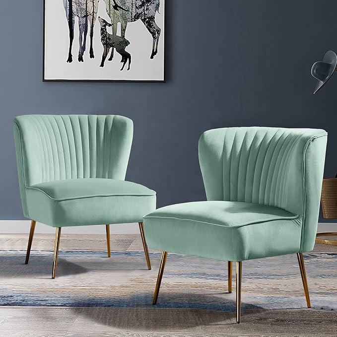 TINA'S HOME Velvet Accent Chair Set of 2 with Metal Golden Legs Upholstered Armless Slipper Chair with Wingback Mid Century Side Chair for Living Room Bedroom Vanity- Sage