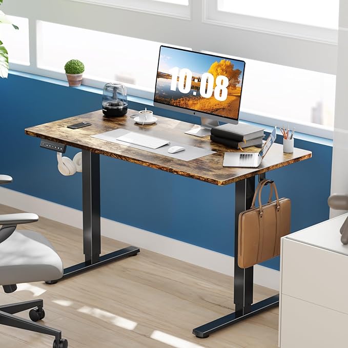 Sweetcrispy Electric Standing Desk Adjustable Height 48x24 Inch Sit Stand Up Home Office Desks Computer Workstation PC Work Table with 3 Memory Preset Splice Wood Board Metal Frame Rustic