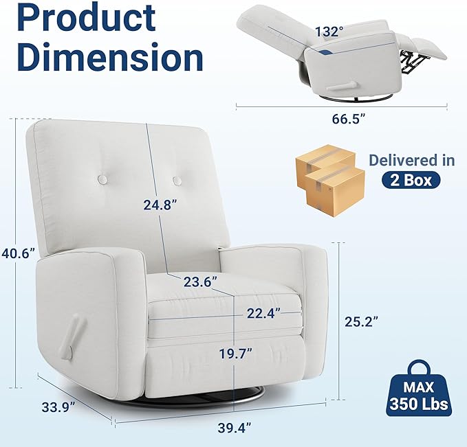 GarveeHome Recliner Chairs Swivel Rocker Recliner Glider Recliner Nursery Chair Recliner Chair for Adults 360°Swivel Glider Rocking Chair for Living Room Bedroom Office Linen White