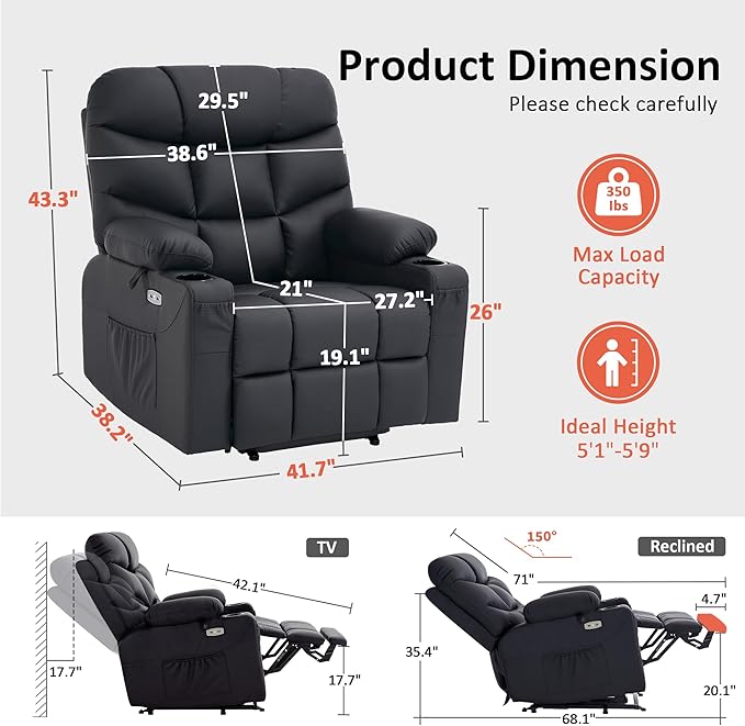 MCombo Oversized Power Lift Recliner Chair with Extended Footrest Extra Wide for Big and Tall Elderly People Faux Leather R7289 (Black Medium-Oversize)