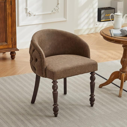 Hand Pulled Buckle Decoration PU Dining Chairwith Solid Wood Armrests and Legs 1 Seat Cushioned Sofa for Living Room BedroomBrown ColorSW1865BR XR386