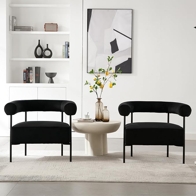 Wahson Black Accent Chair Set of 2 with Metal Legs Velvet Upholstered Barrel Chair with Curved Backrest Small Modern Reading Chair for Living Room/Bedroom/Office