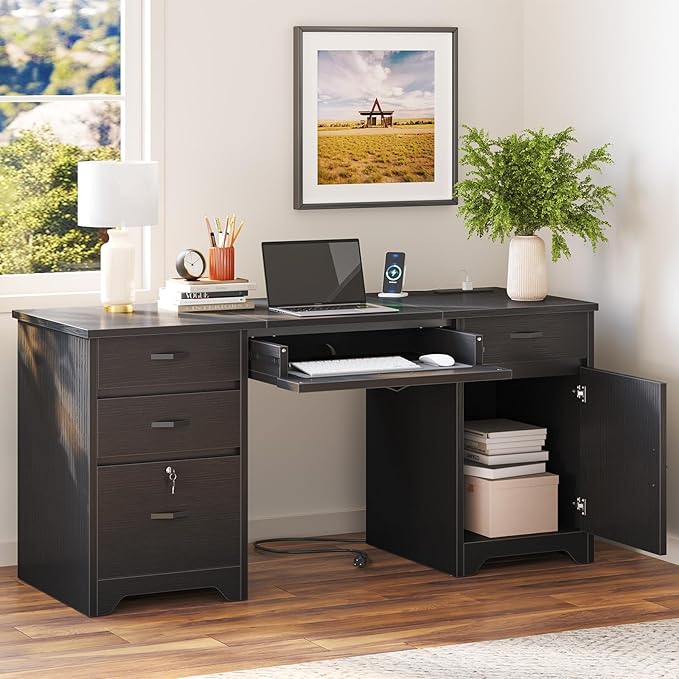 Bestier 59” Office Desk with Lockable Drawers Modern Computer Desk with File Drawer Charging Station &amp Drop-Front Keyboard Drawer Executive Desk with Storage Cabinet for Home Office &amp Studi