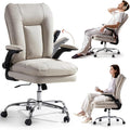 LEAGOO Ergonomic Executive Office Chair Mid Back Comfy Desk Chairs with 3D Padded Flip-up Arms Faux Leather Computer Rolling Chair with Wheels for Home Adjustable Height 300lbs Beige