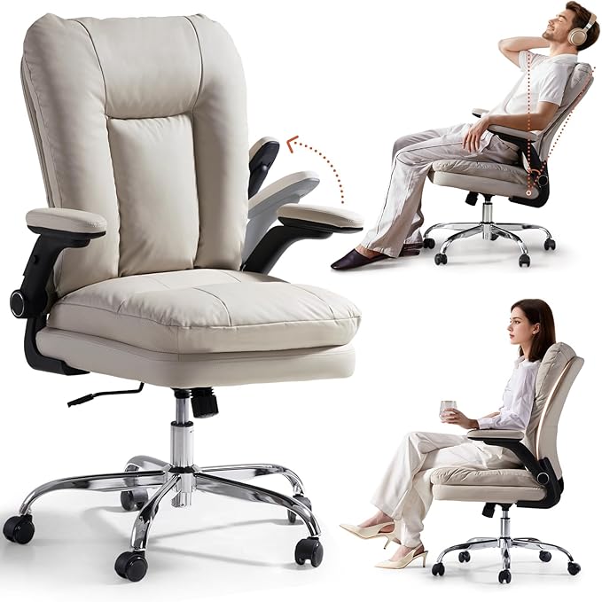 LEAGOO Ergonomic Executive Office Chair Mid Back Comfy Desk Chairs with 3D Padded Flip-up Arms Faux Leather Computer Rolling Chair with Wheels for Home Adjustable Height 300lbs Beige