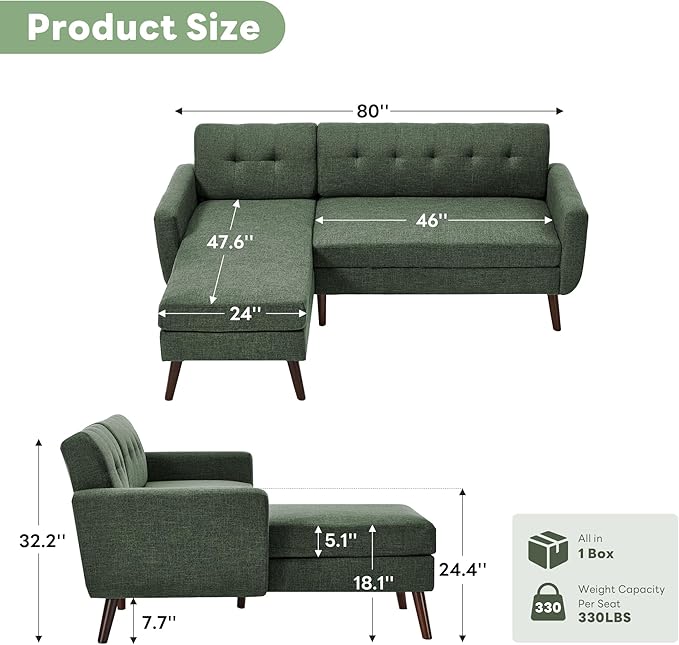 Tbfit L Shaped Couch Sofa 80 W Mid-Century Modern Sectional Couches 3 Seater Sofas with Wide Chaise Lounge Button Tufted Upholstered Sectional Sofa for Living Room Bedroom Green | linen fabric