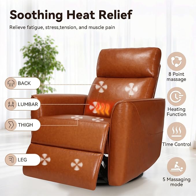 Himimi Power Recliner Chair Swivel Recliner Chair for Adults Faux Leather Single Sofa with Massage and Heat Small Space Side Pocket USB Charging Living Room Orange-Brown