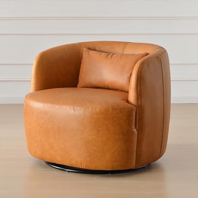 KINWELL 100% Top Grain Genuine Leather Swivel Barrel Armchair No Assembly Modern Upholstered Leather Swivel Accent Chairs with Toss Pillow for Living Room Office Lounge Camel