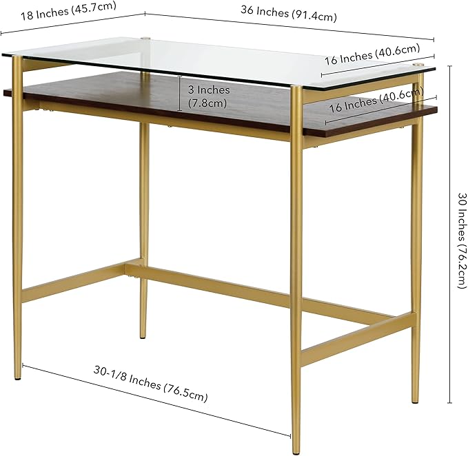 Henn&ampHart 36 Mid-Century Modern Rectangular Glass Home Office Desk Computer Desk Writing Table with Open Lower Storage Shelf for Home Office Gold/Amber Brown