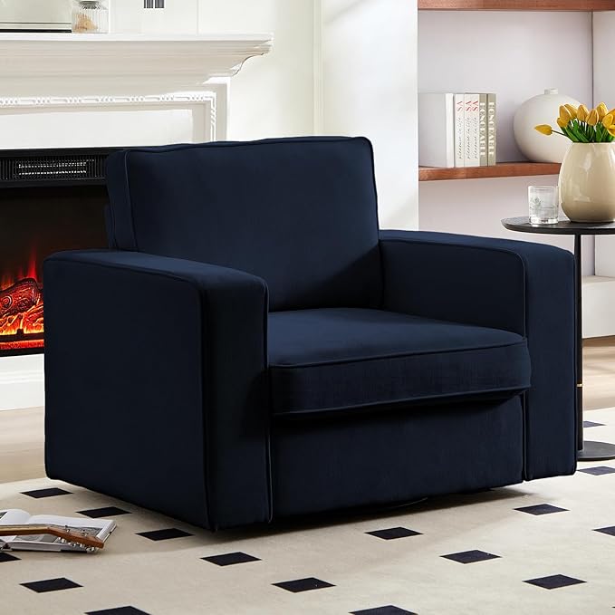 Mjkone Upholstered 360° Swivel Accent Chair with Metal Base Modern Chenille Swivel Single Sofa with Wide Armrests Mid-Century Single Sofa Square Reading Chair for Living Room Office Deep Blue