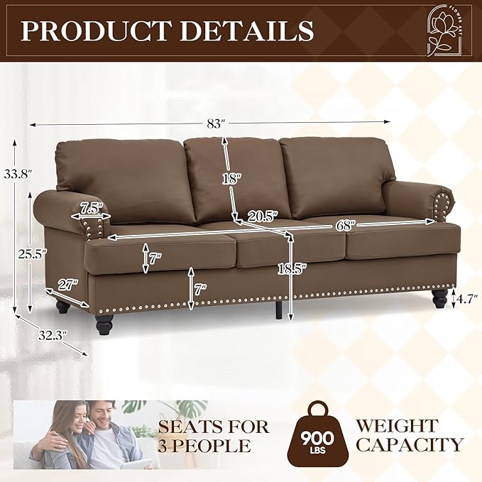 83-inch 3 Seater Couch with Storage Mid Century Chesterfield Faux Leather Vintage Retro Classic Sofa Couch with Nailhead Trim &amp Rolled Armrests for Living Room Bedroom Office Brown