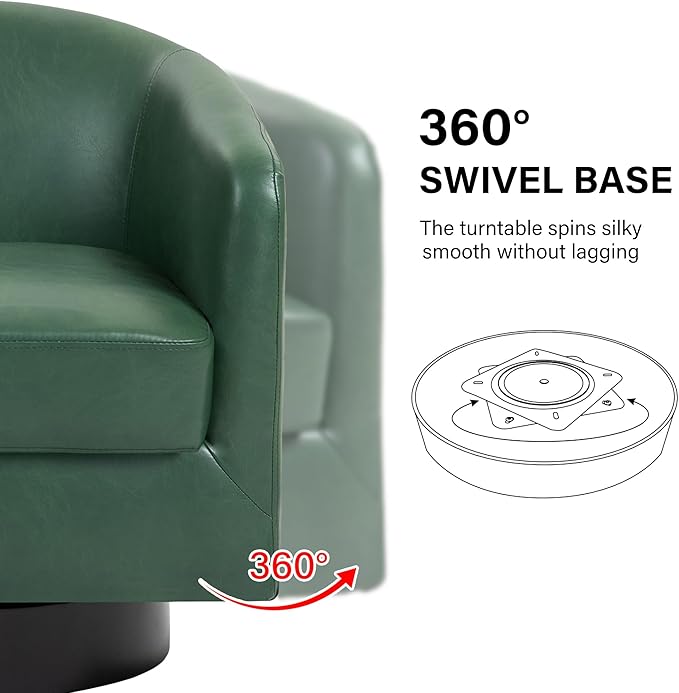 Swivel Barrel Accent Chair Modern Round Faux Leather Arm Chair for Living Room Bedroom Comfy Club Reading Chairs for Adults(Faux Leather Green Set of 2)