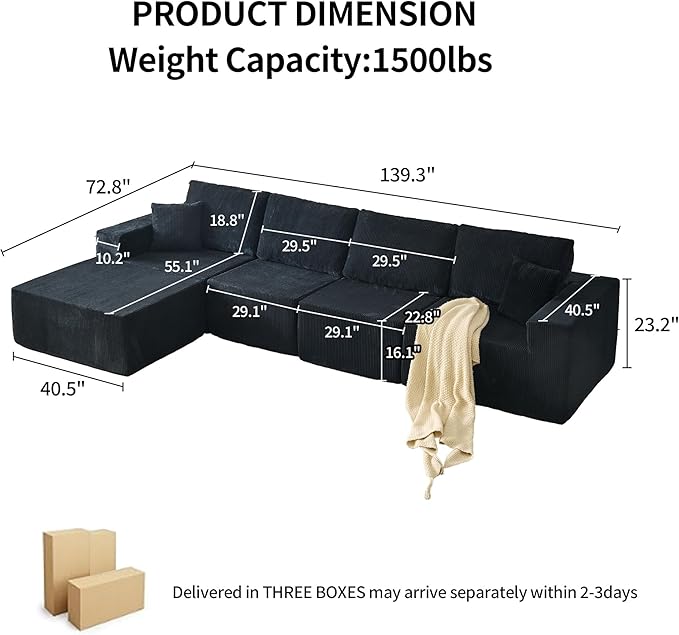 140 L Shaped Modular sectional couches SofaCorduroy Boneless Couches with Deep Seat and Movable OttomanComfy Cloud Sofa for Living Room BedroomNo Assembly (5 Seater Left Black)