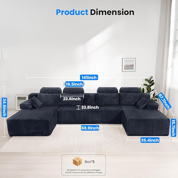141’’ Cloud Sectional Couch with High Backrest Convertible U-Shaped Modular Sectional Sofa with Deep Seat Soft Corduroy Upholstery Boneless Couches Comfortable for Living Room Bedroom