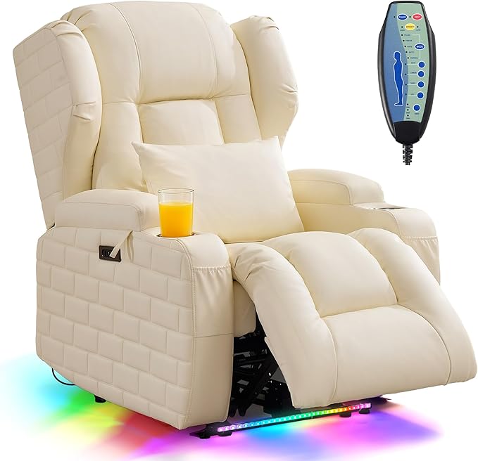 DRMBOOK Power Recliner Chair with 3-Sided Wrap Around LED Electric Wall Hugger Reclining Sofa with Massage &amp Heat Overstuffed Theater Seating with Cup Holders/USB Port (Upgraded Beige 1 Chair)