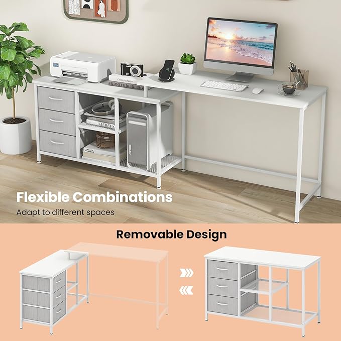Giantex L Shaped Computer Desk with Drawers 81 Convertible Corner Desk with Charging Station and Storage Shelves Study Writing Desk Modern Long Corner Gaming Table for Home Office (White)