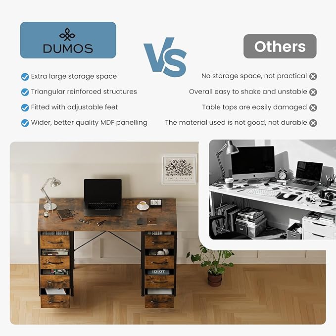 DUMOS 47 Inch Computer Desk with 8 Fabric Drawers Office Gaming Desk with Storage Writing Study Table with X-Shaped Reinforced Structure Rustic Brown
