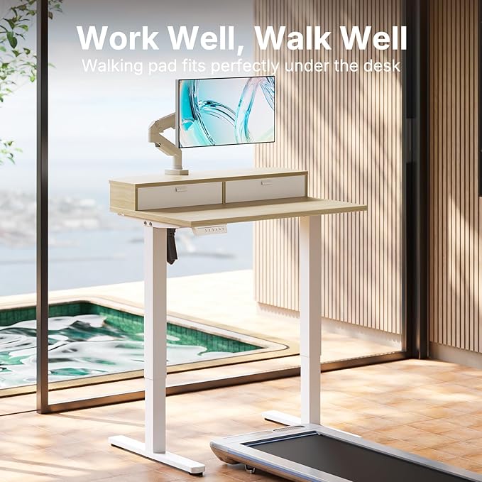 HUANUO 32 x 21 inch Small Electric Standing Desk with 2 Drawers C-Clamp Mount Compatible Height Adjustable Sit Stand Desk Home Office Stand Up Desk with 4 Memory Height Settings Light Walnut