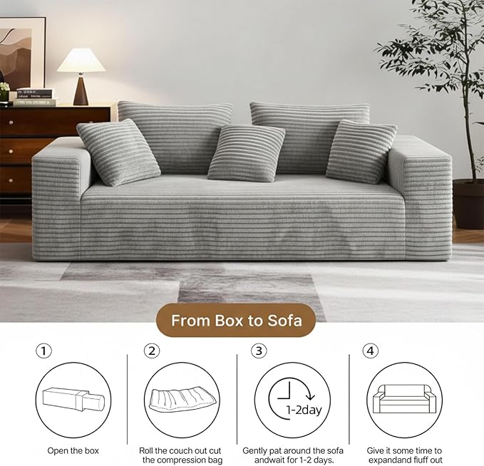 3-Seater Deep-Seat Corduroy Lounge Sleeper Sofa No Assembly Frameless Foam Cloud Couch Comfy Plush for Living Room Bedroom Apartment Dorm Office（Light Gray）