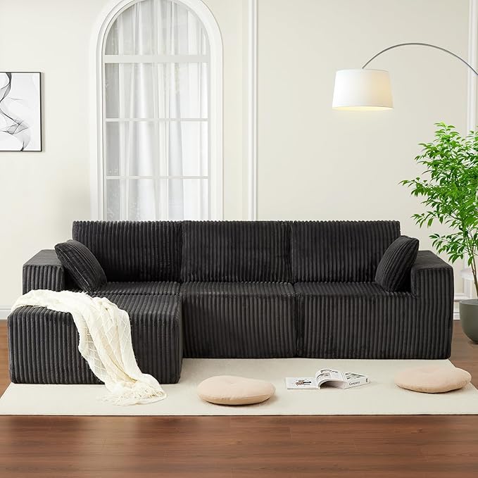 108'' Modular Sectional Sofa Corduroy Sponge Compression Sofa with Deep Seat Comfy Memory Foam Sofa for Living Room Bedroom No Assembly Required Grey