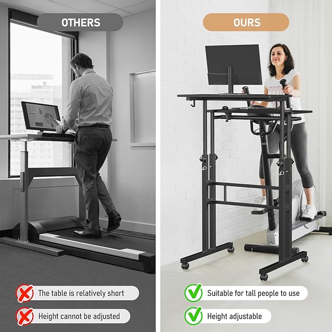 Small Standing Desk with Wheels Tall Mobile Stand Up Table Portable Standing Desk for Walking Pad Rolling Table Adjustable Height Rolling Computer Table for Tall Person