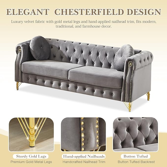 82 Comfy Chesterfield Sofa with Rolled Arms &amp Pillows 3 Seater Retro Velvet Couch Mid Century Modern Love Seat with Gold Trim and Legs Soft Deep Seat Tufted Couches for Living Room (Grey)
