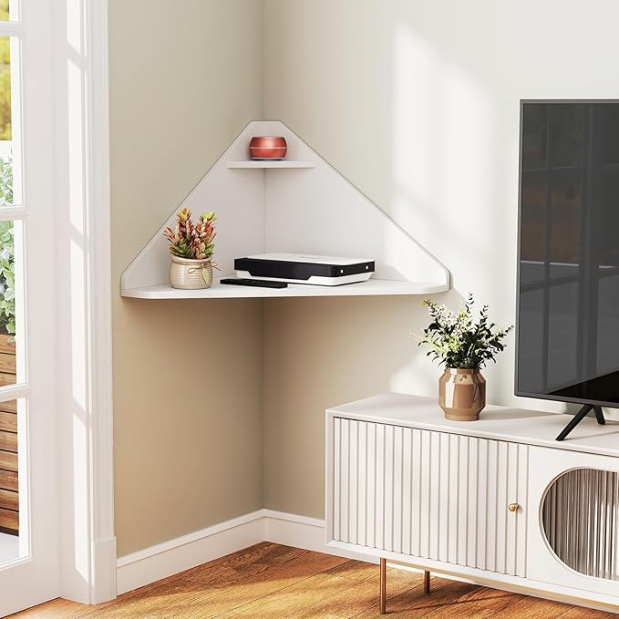 GOFLAME Floating Corner Desk Wall Mounted Triangular Computer Desk w/Storage Shelf Space-Saving Design 90° Wooden Floating Home Office Desk for Writing Working Studying (White)