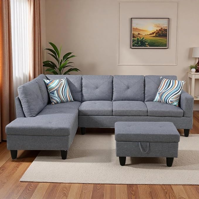 L-Shaped Sectional Sofa with Movable Chaise &amp Storage Ottoman Lounge 3-Piece Modular Convertible Couches for Living Room Apartment &amp Office Grey