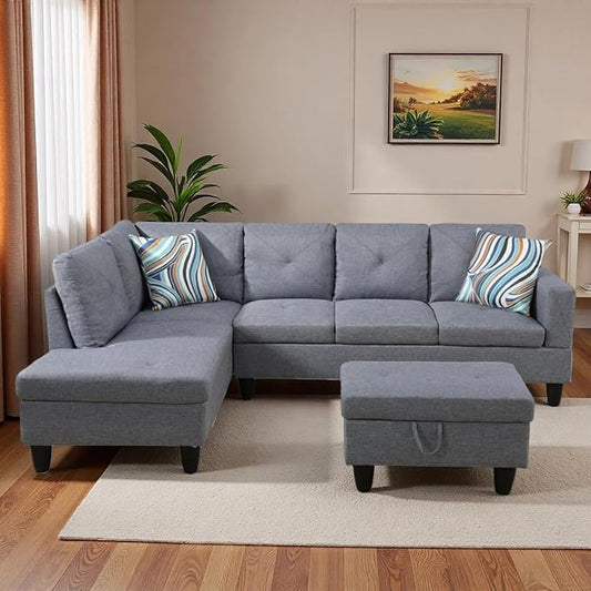 L-Shaped Sectional Sofa with Movable Chaise &amp Storage Ottoman Lounge 3-Piece Modular Convertible Couches for Living Room Apartment &amp Office Grey