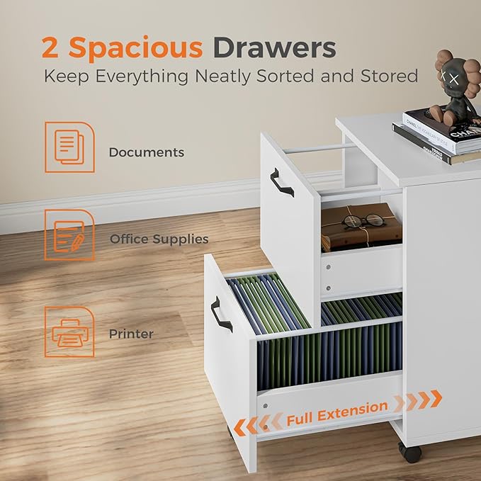 Sweetcrispy 2 Drawer Filing Cabinet White Rolling Wood File Cabinets with Printer Stand Under Desk Storage Lockable Wheels Home Office Organizer