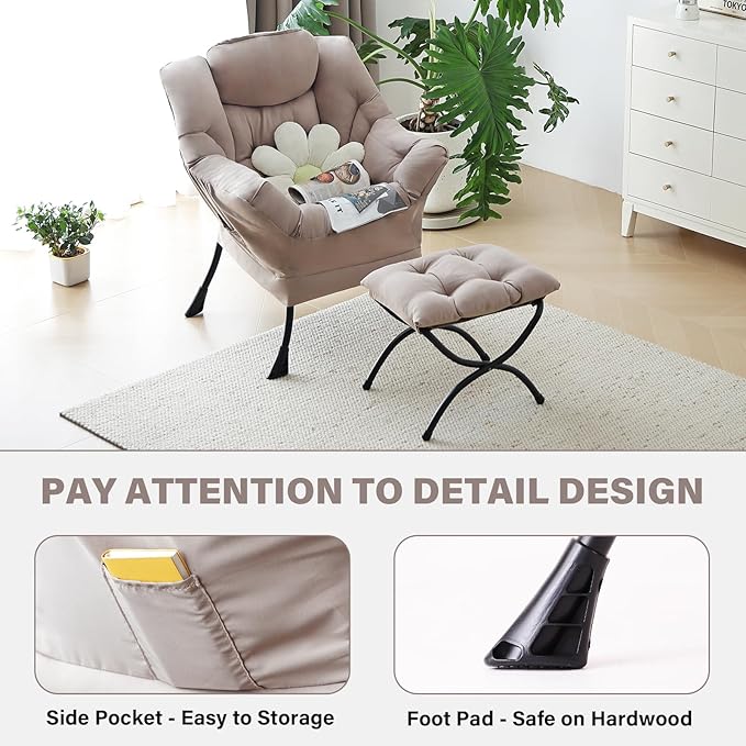 Tiita Lazy Chair with Ottoman Khaki Modern Large Accent Chair Comfy Leisure Sofa Armchair with Ottoman Reading Chair with Footrest for Bedroom Living Room Dorm Rooms Khaki