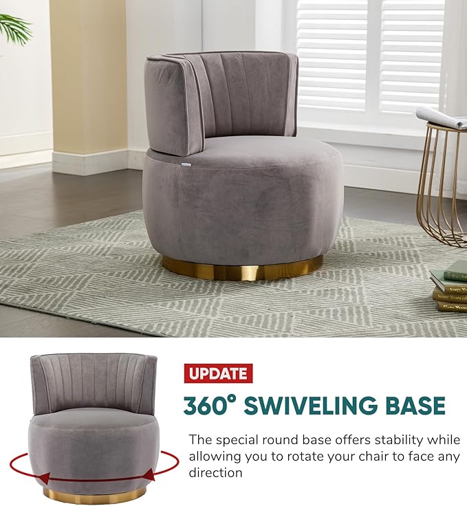 JOYBASE Swivel Accent Chair Round Swivel Barrel Chair with Golden Metal Base Cozy Comfy Lounge Chair Circle Club Chair Armchair Modern Sofa Chair for Living Room Bedroom (Grey Velvet)