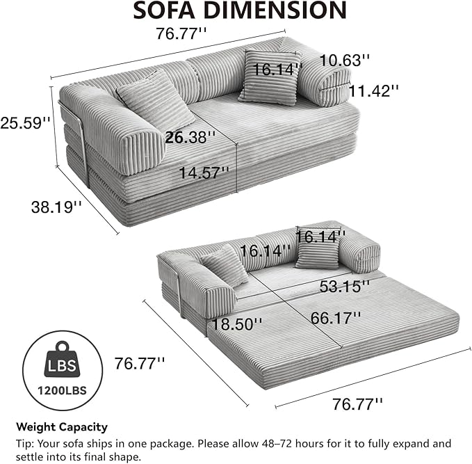 76.77 Inch Convertible Sofa Bed Modern Corduroy Futon Boneless Couches Lounge Loveseat with Side Storage Pocket Pull Out Sofa Bed for Living Room Bedroom No Assembly Required Grey