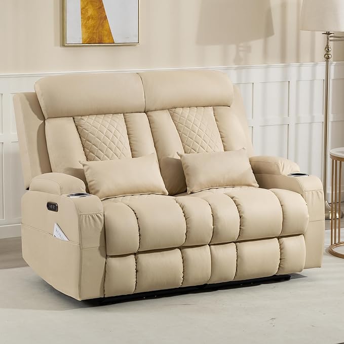 Zero Wall Hugger Power Reclining Loveseat with Adjustable Headrest Power Loveseat Recliner Sofa with USB&ampType-C Ports Wall Hugger Loveseat Recliner for Living Room(Beige 2 Seater)