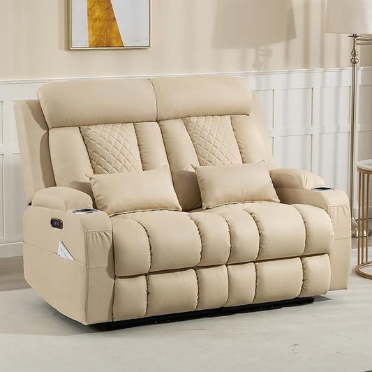 Zero Wall Hugger Power Reclining Loveseat with Adjustable Headrest Power Loveseat Recliner Sofa with USB&ampType-C Ports Wall Hugger Loveseat Recliner for Living Room(Beige 2 Seater)