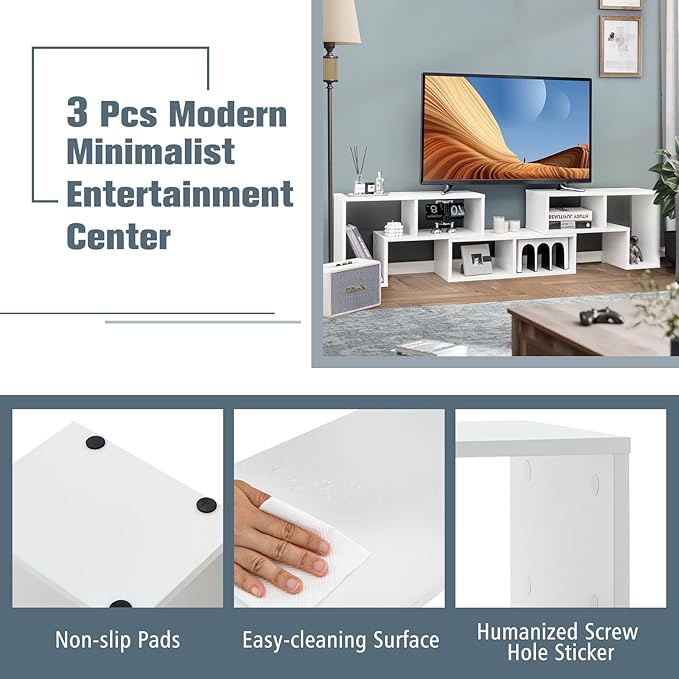 GOFLAME 3 Pieces TV Console Stand Modern Entertainment Center for 50 55 60 65 Inch Flat Screen TV Free Combination Bookcase for Storage &amp Display Suitable for Living Room Bedroom (White)