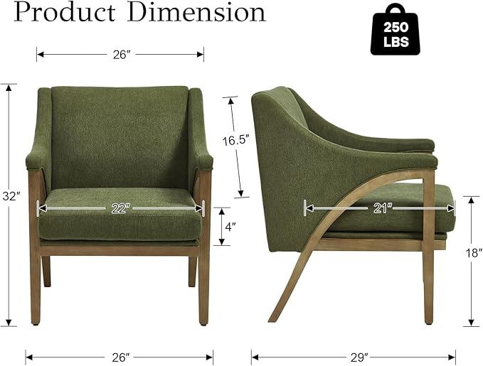 EALSON Modern Accent Chair Comfy Living Room Chair with Wooden Frame and Armrest Mid Century Upholstered Fabric Reading Lounge Armchair for Living Room/Bedroom/Reading/Balcony Chenille Green