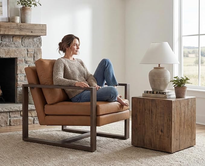 CIMOTA Modern Mid Century Accent Chairs Set of 2 Comfy Armchairs with 8.5 Thick Cushion &amp Armrests Upholstered Leather Reading Lounge Chairs with Walnut Frame for Living Room Bedroom Office Brow