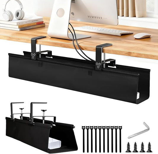 Under Desk Cable Management Tray - Heavy Duty No-Drill Clamp &amp Screw Mount 28-Inch Cord Organizer for Home Office Gaming Setup &amp Study Room Holds Power Strip &amp Large Adapters (Black 28