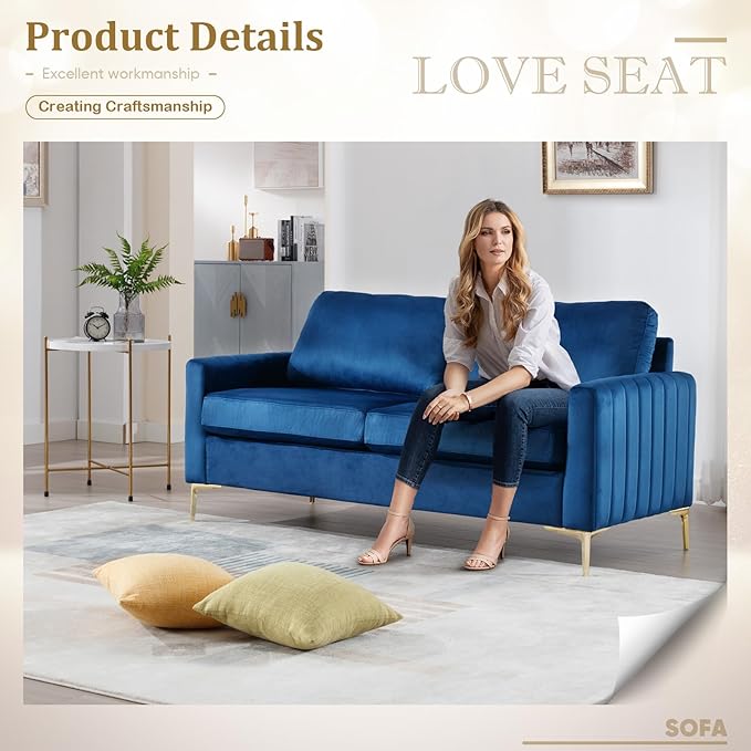 Small Couch for Bedroom 65 Mid Century Modern Loveseat Sofa Love Seat Living Room Comfy Channel Tufted Velvet Upholstered 2 Seater Sectional Couches for Small Space Office Apartment (Navy Blue)
