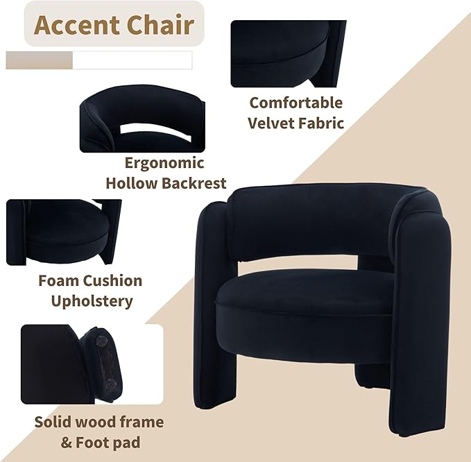 HNY Mid Century Modern Velvet Barrel Accent Chair Comfy Round Upholstered Armchair with Open Back Side Club Chair Lounge Arm Chair for Living Room Bedroom Waiting Rooms Small Spaces Black