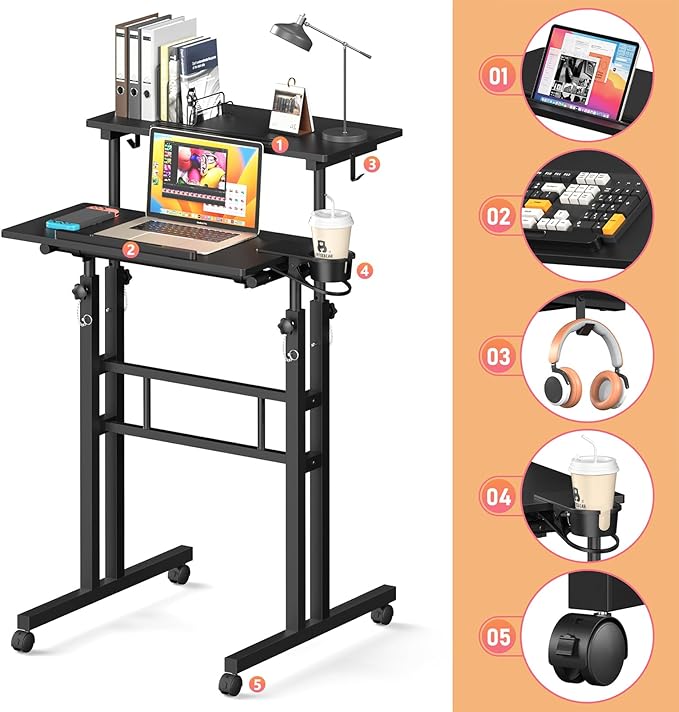 Small Standing Desk with Wheels Tall Mobile Stand Up Table Portable Standing Desk for Walking Pad Rolling Table Adjustable Height Rolling Computer Table for Tall Person