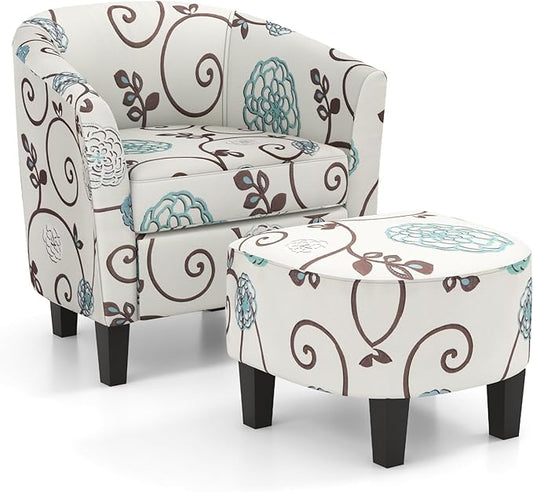 DORTALA Accent Chair with Ottoman Modern Upholstered Barrel Chair Set w/Solid Wood Legs Linen Fabric Armchair w/U-Shaped Back and Deep Seat Ideal for Living Room