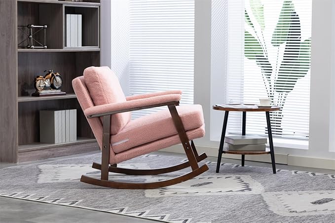 ZeHuoGe Mid Century Modern Accent Chair Rocking Chair with Wood Frame Upholstered Living Room Chairs Reading Armchair for Bedroom Sunroom (Light Pink)