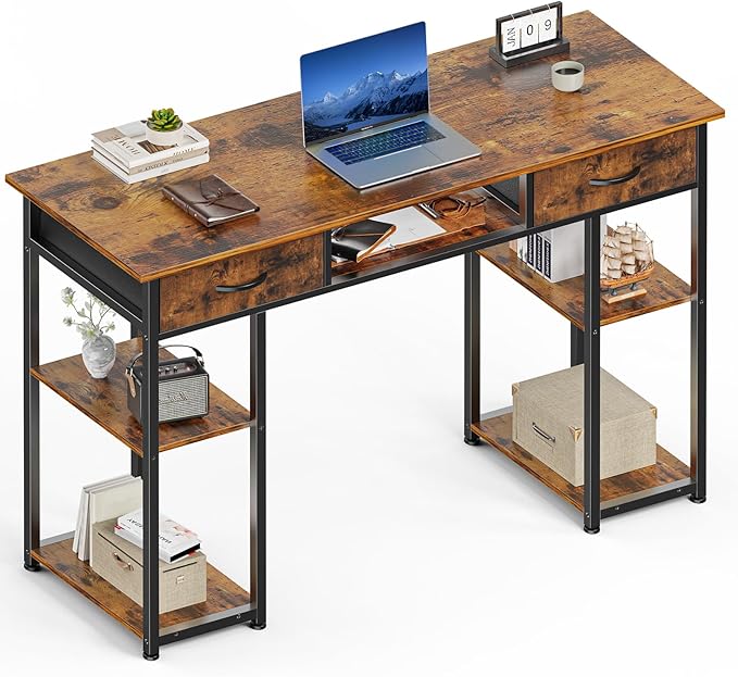 Sweetcrispy Desk with Fabric Drawers Computer Office 48 Inch Gaming Writing Study 4 Storage Shelves Table for Home Office Bedroom PC Desk Pure Brown