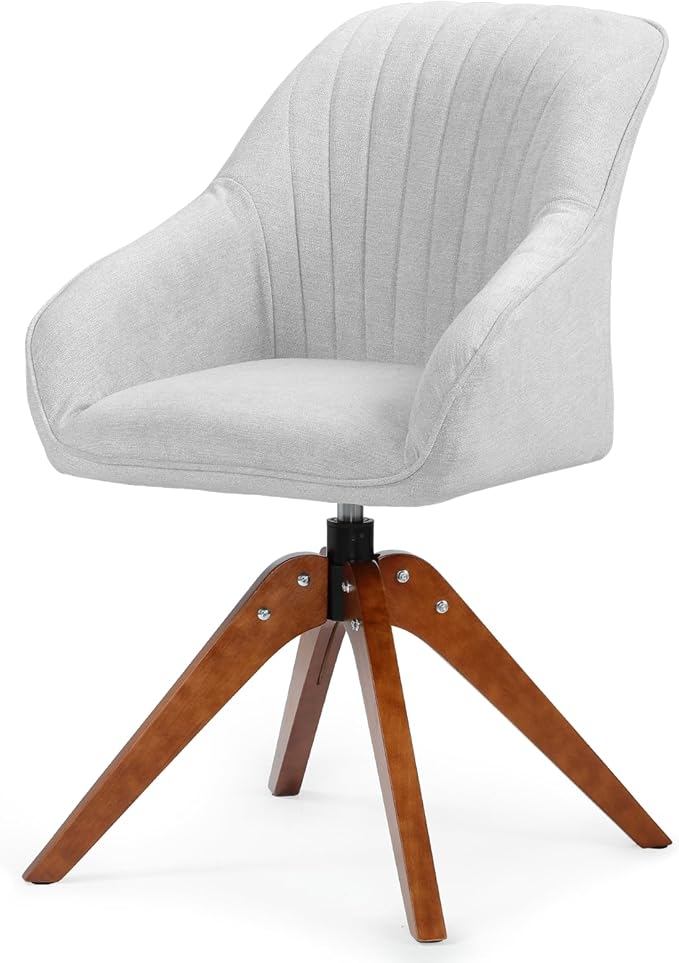 Athena Collection Swivel Modern Accent Chair Linen Upholstered Armchair Office Desk Chair No Wheels with Wooden Legs Comfy Vanity Chair Reading Chair for Bedroom Living Room Gray