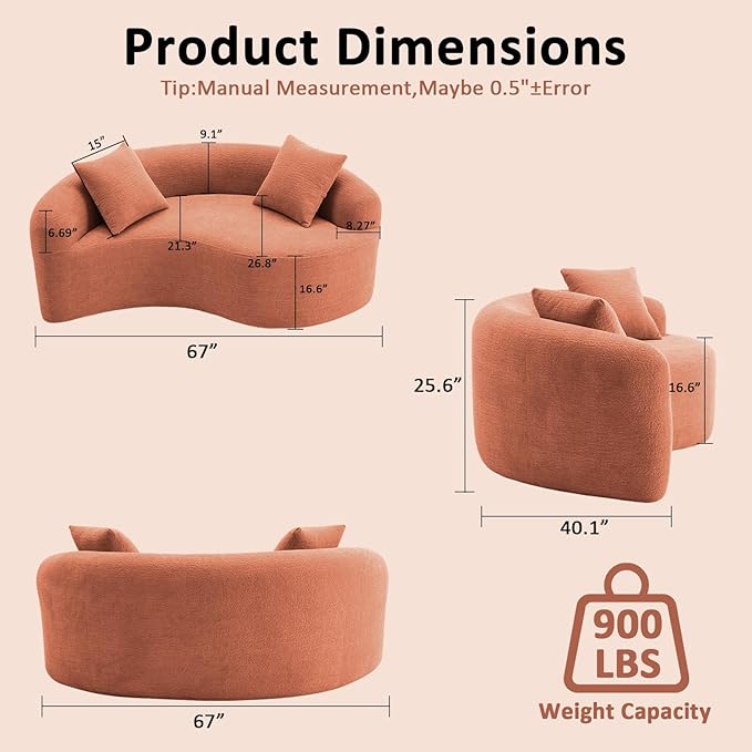 67 Curved Loveseat SofaFull Sponge Compression Sofa Chinese Tai Chi StyleS-Shaped Couch for Small SpacesNo Installation RequirementWood Grain Chenille Fabric (Coral67)